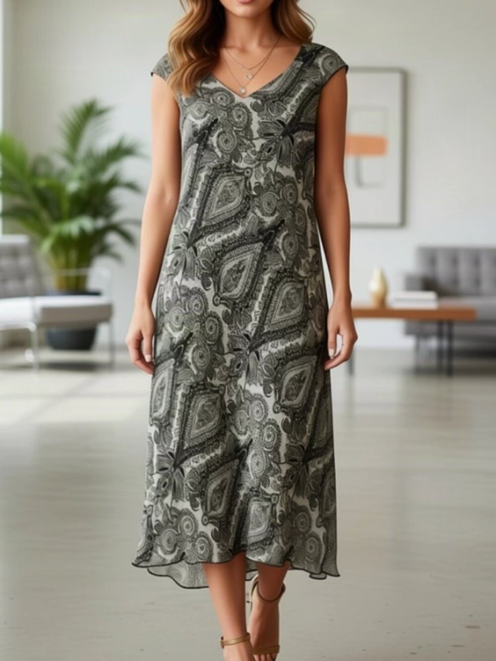 NWT Ombre Chiffon Dress 10 Boho Paisley Resortcore Romantic Ruffle Hem Gray